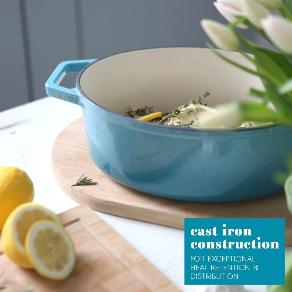 image 1 of Argon Tableware Shallow Casserole Dish - Cast Iron Enameled Dutch Oven - Self-Basting Lid - Hob to Oven - 2.3 Litre | Blue | Teal Ombre | 1