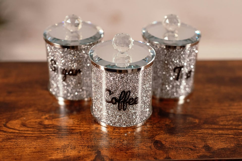 image 1 of Marco Paul Stylish Set of 3 Crushed Diamond Mirror Crystal Filled Canister