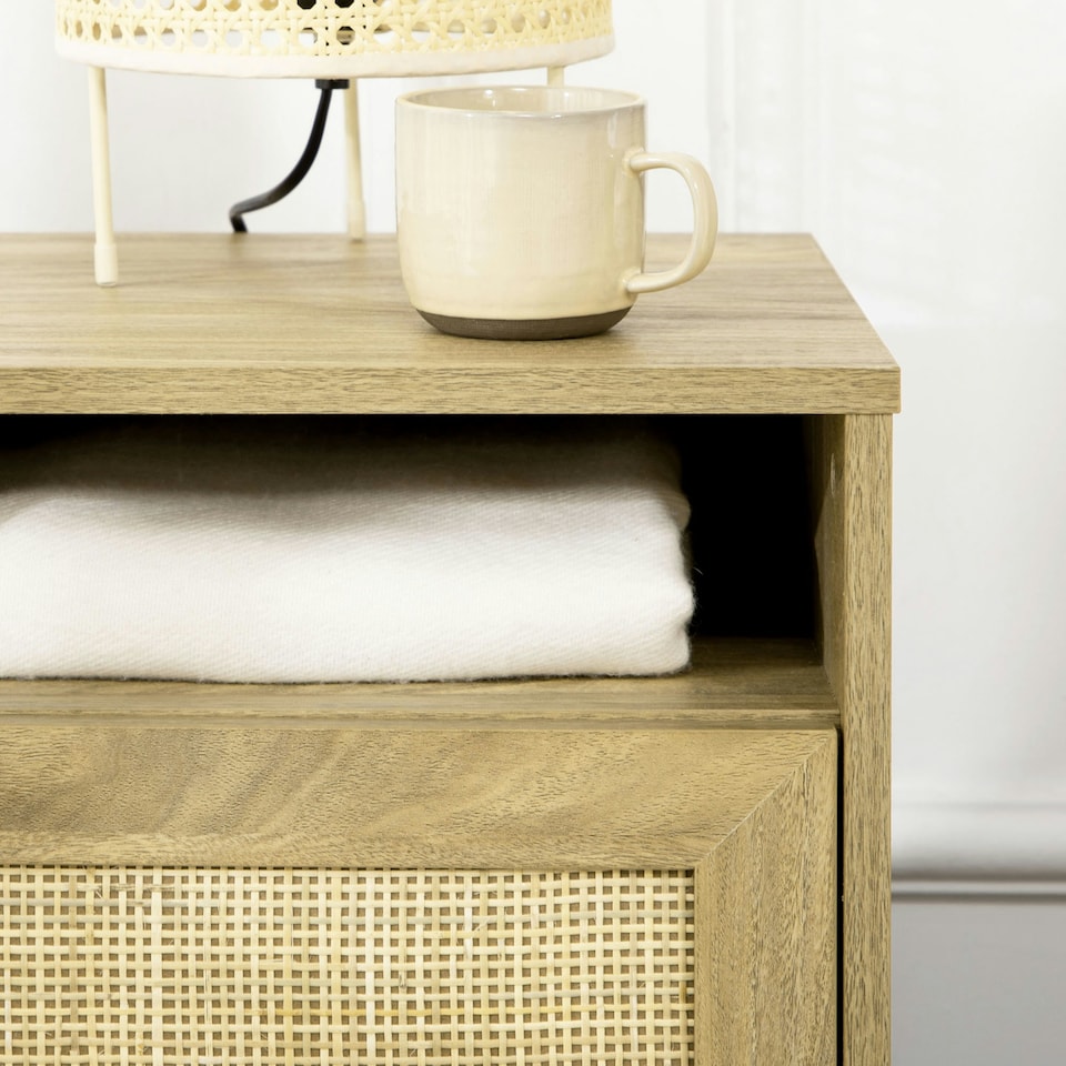 image 1 of HOMCOM Nightstand, Rattan Bedside Table w/ Cabinet, Shelf, Natural