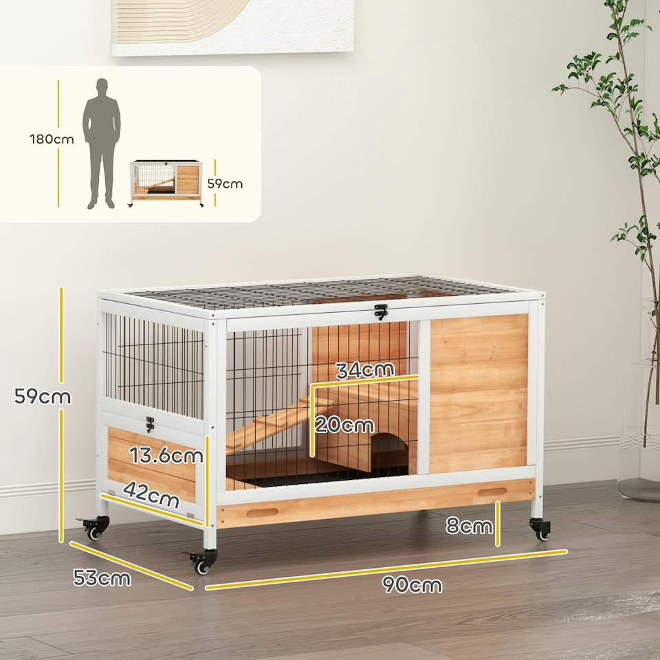 image 1 of PawHut Wooden Guinea Pig Hutch 2-Floor Design w/ Wheels, Yellow