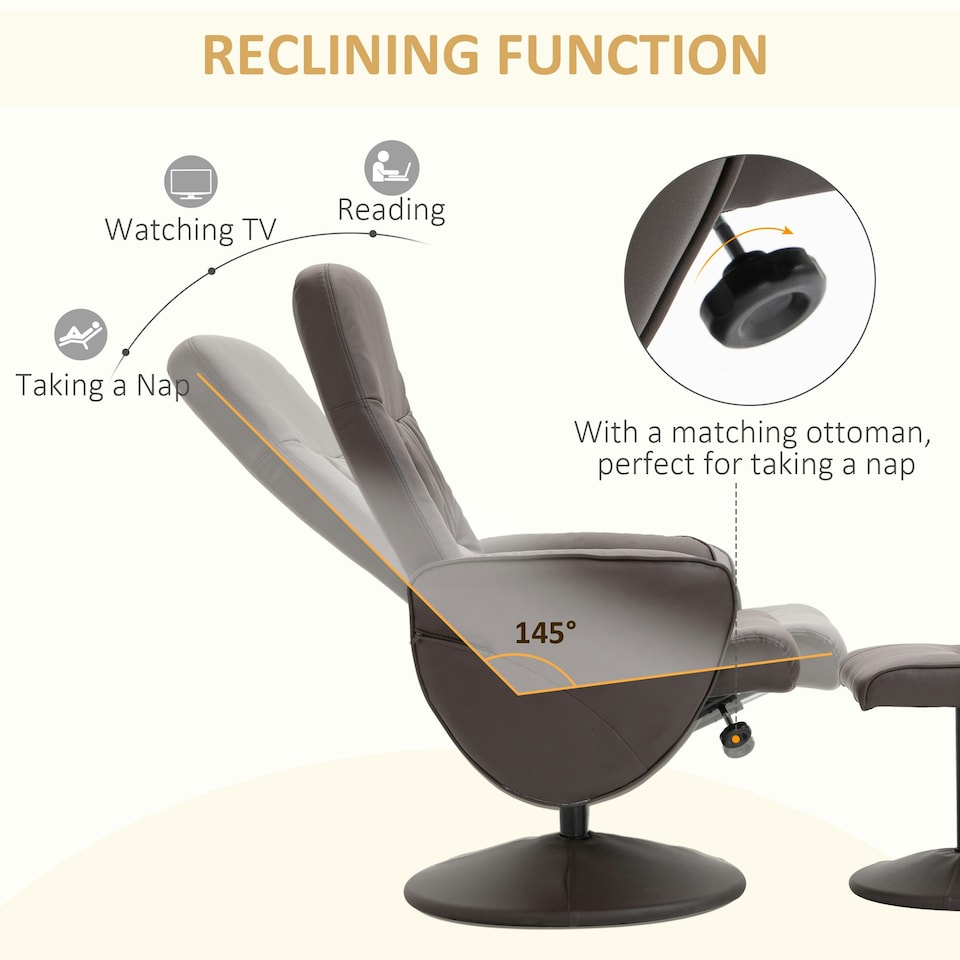 image 1 of HOMCOM PU Leather 2 Pcs Reclining Armchair w/ Ottoman 360° Swivel Brown