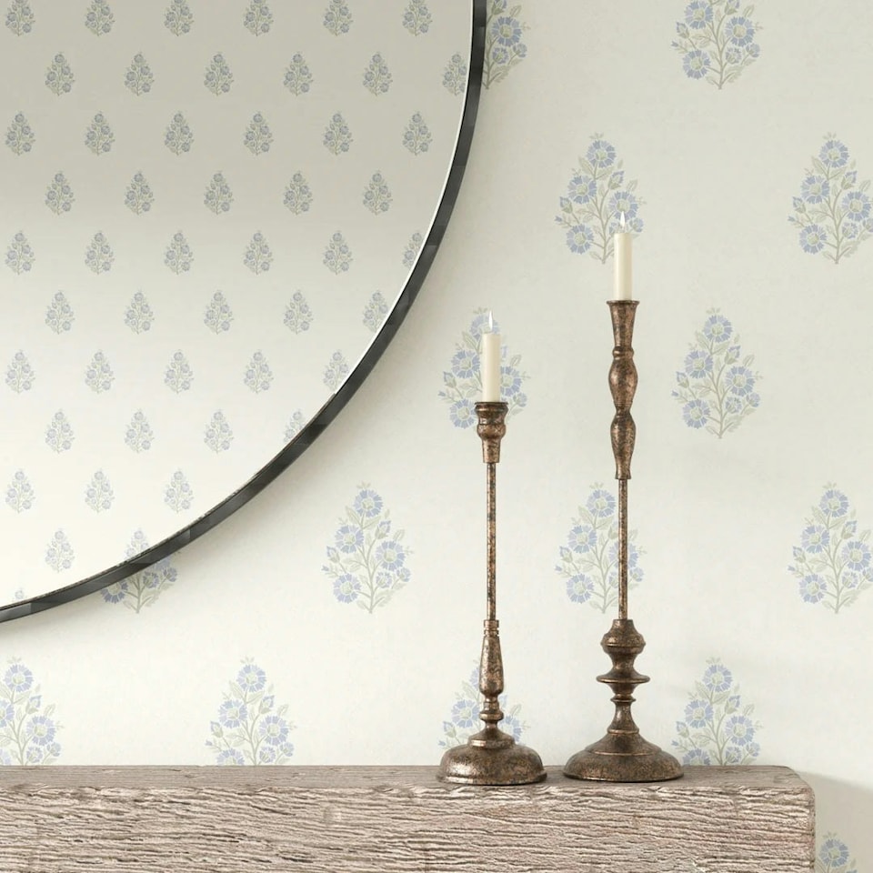 image 1 of Posy Wallpaper in Blue and Sage on Cream Multi