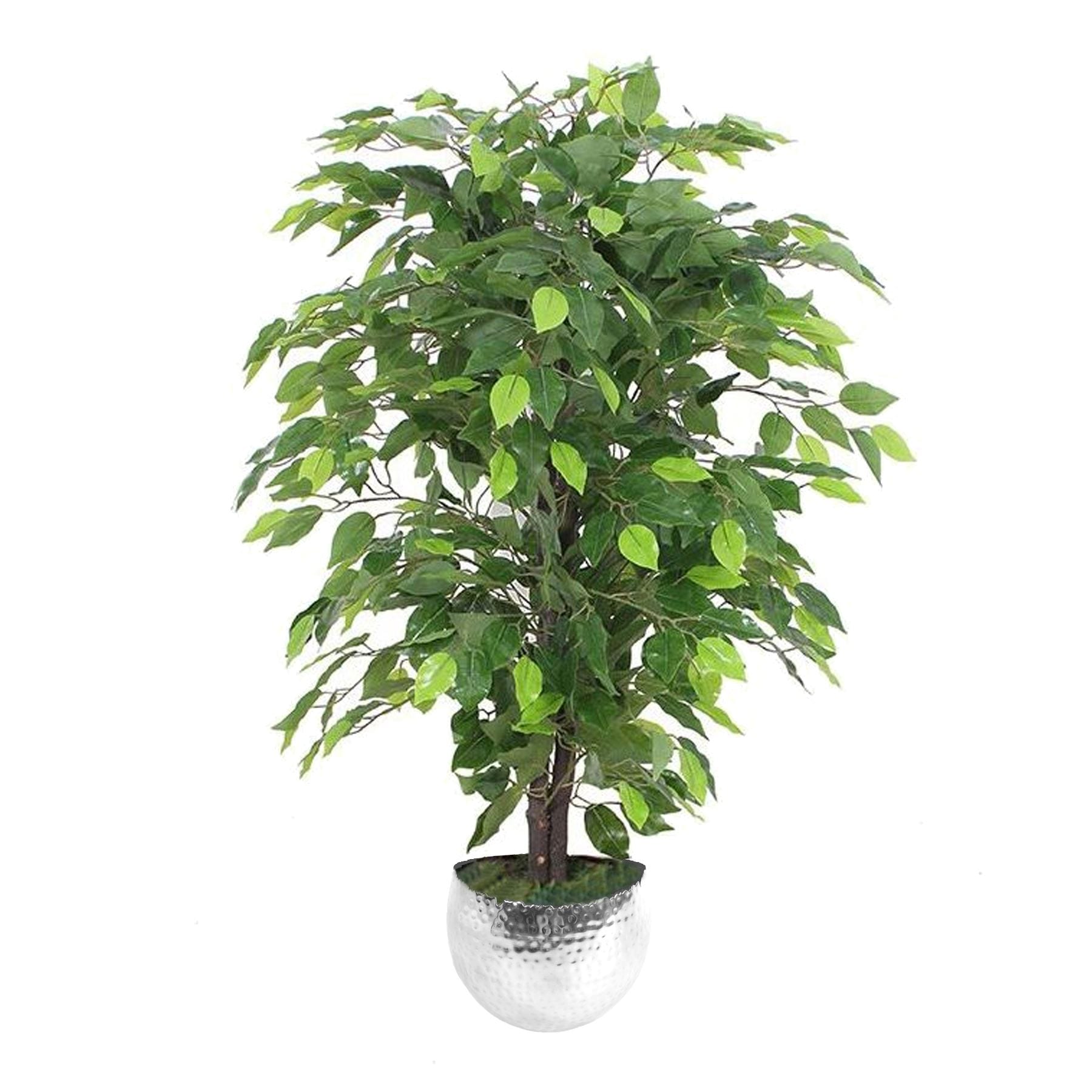 90cm Artificial Ficus Tree / Plant - Silver Metal Planter Green 3ft