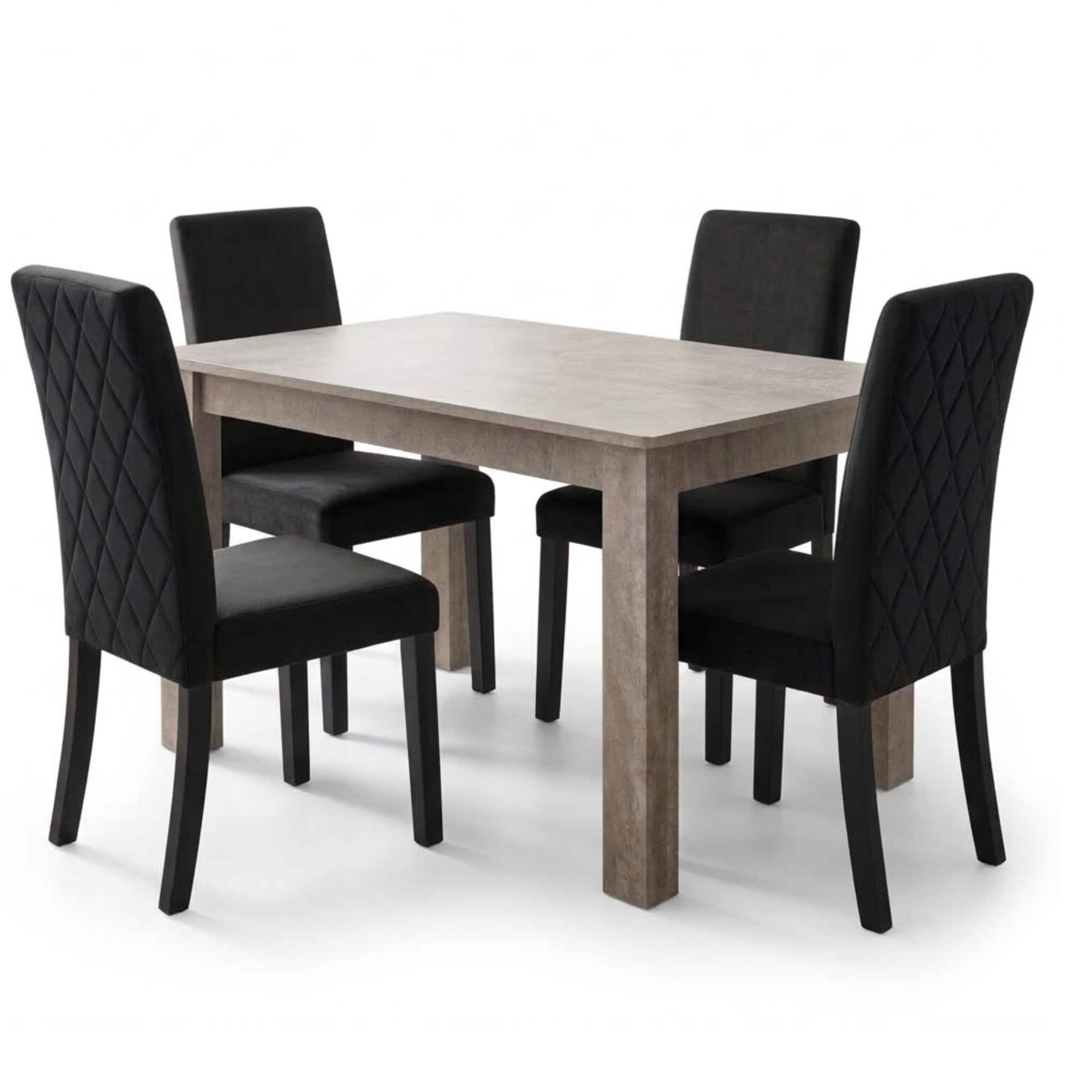 Stone Grey Effect Dining Table and 4 Black Diamond Stitch Velvet Chairs with Wooden Legs