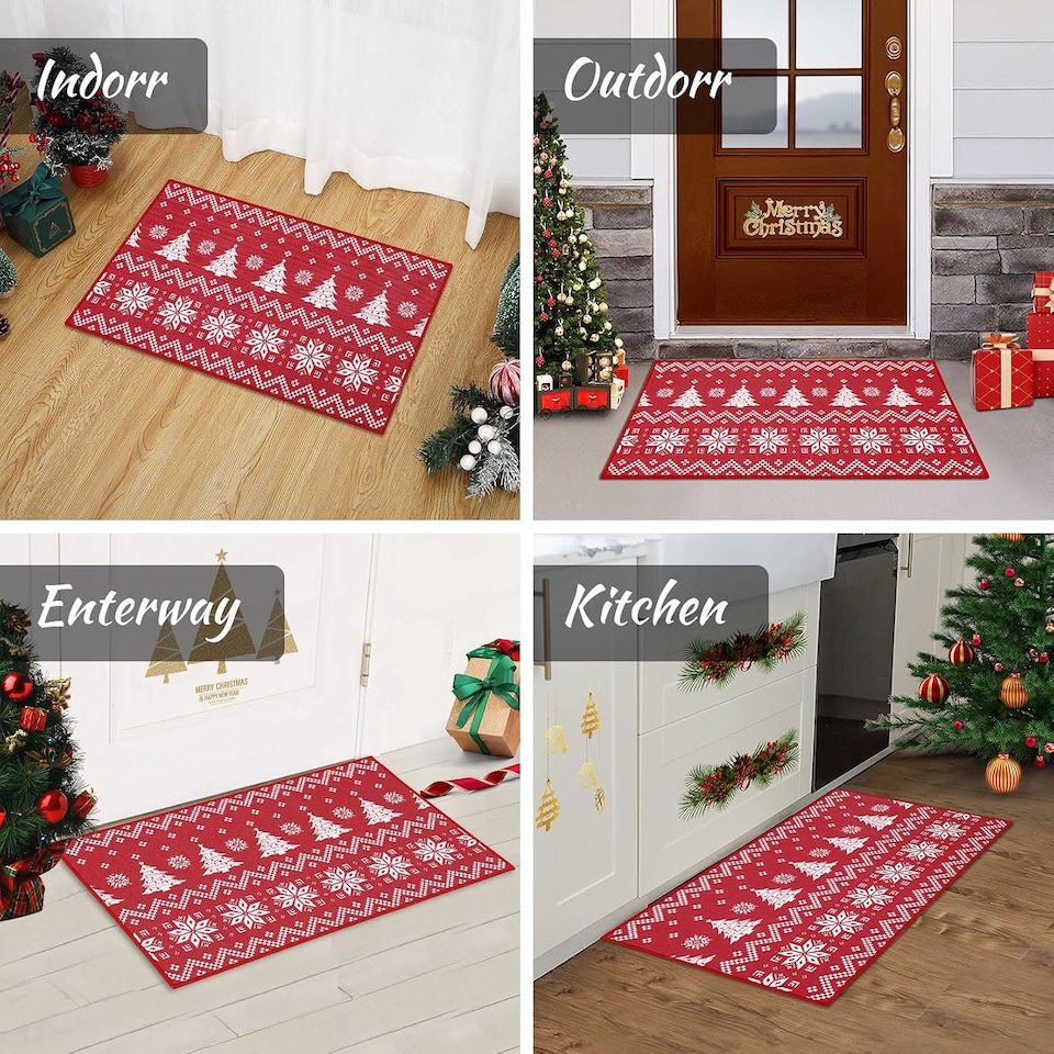 image 1 of London Boutique Christmas Doormat with Snowflake Design, Non-Slip Washable Entrance Mat, 40 x 60 cm
