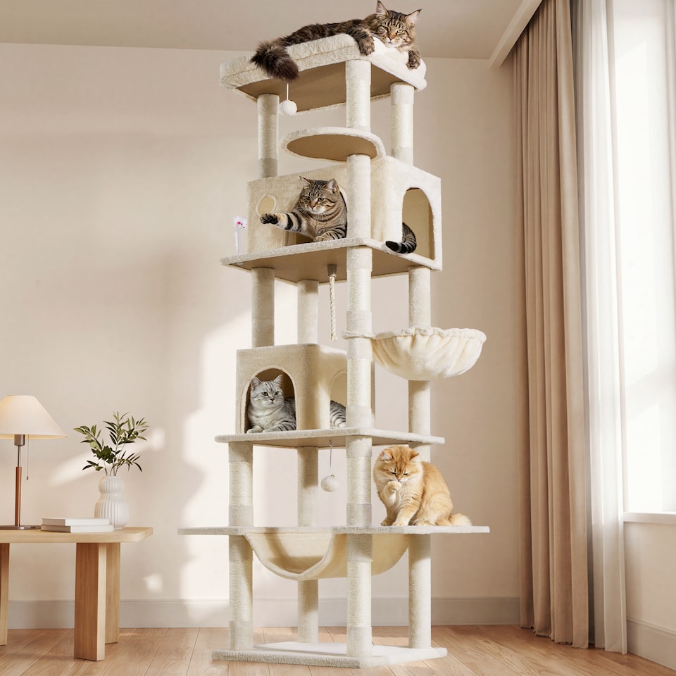 image 1 of Yaheetech 210cm Multi-Level Cat Tree with Large Top Perch, 2 Cat Condos, Hammock & Basket, Sisal Scratching Posts, Heavy Duty Cat Tower for Indoor Cats, Beige
