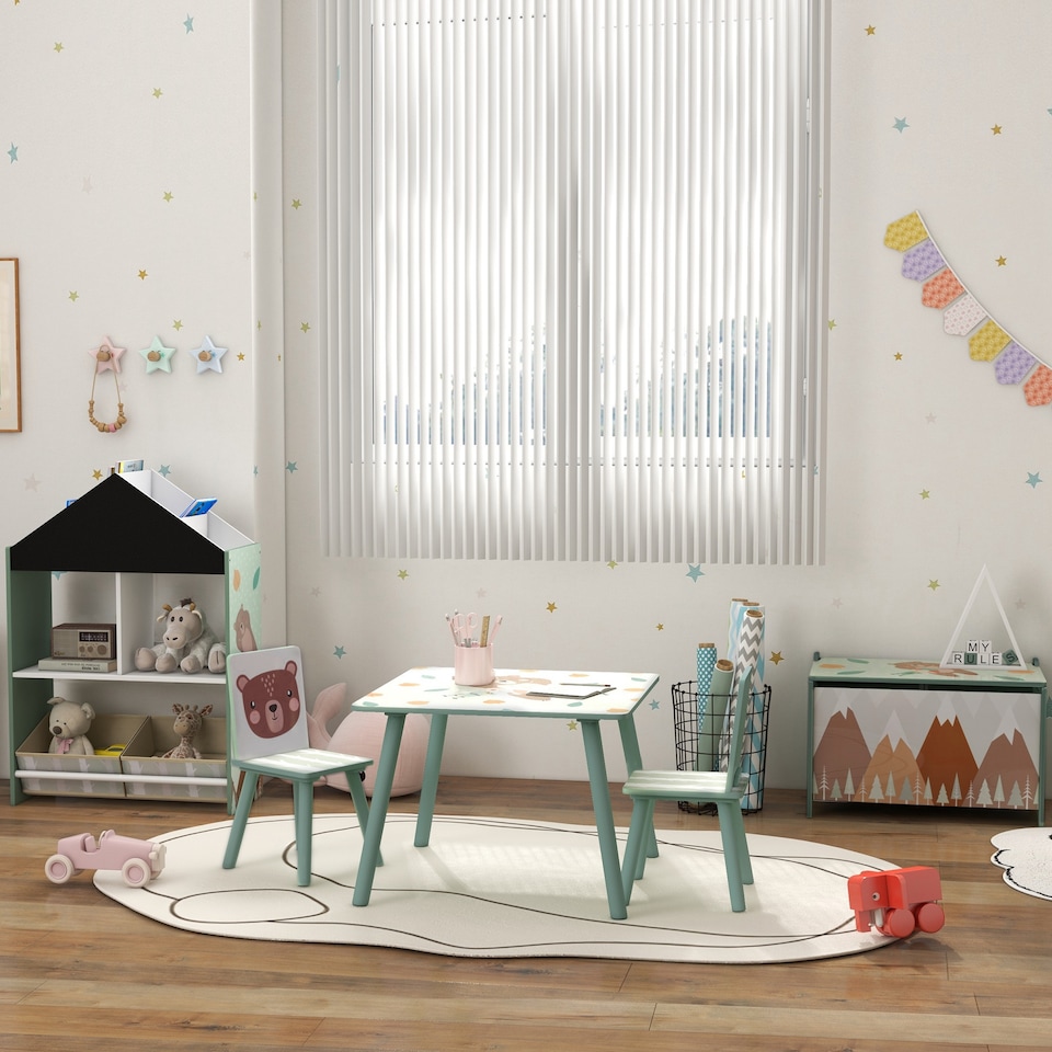 image 1 of ZONEKIZ Kids Table and Chairs, Children Desk with Two Chairs, Three Piece | Green