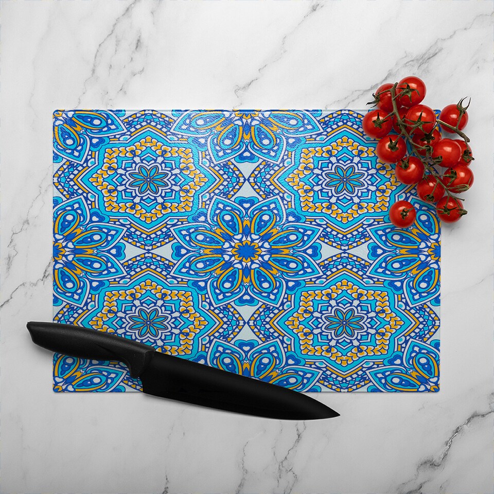 image 1 of Floral And Geometric Embellished Tiles Glass Chopping Board | Multi