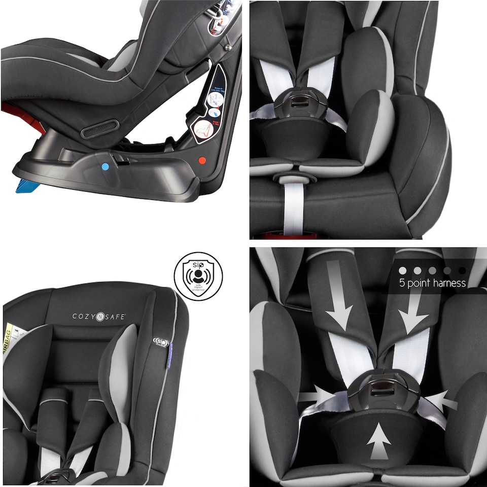 image 1 of Cozy N Safe Nevis Group 0+1 Car Seat 0-18kg, Rear & Forward Facing, 5 Point Harness, Reclining Baby Toddler Car Seat, Side Impact Protection, Birth to 4 Years (Black/Grey)
