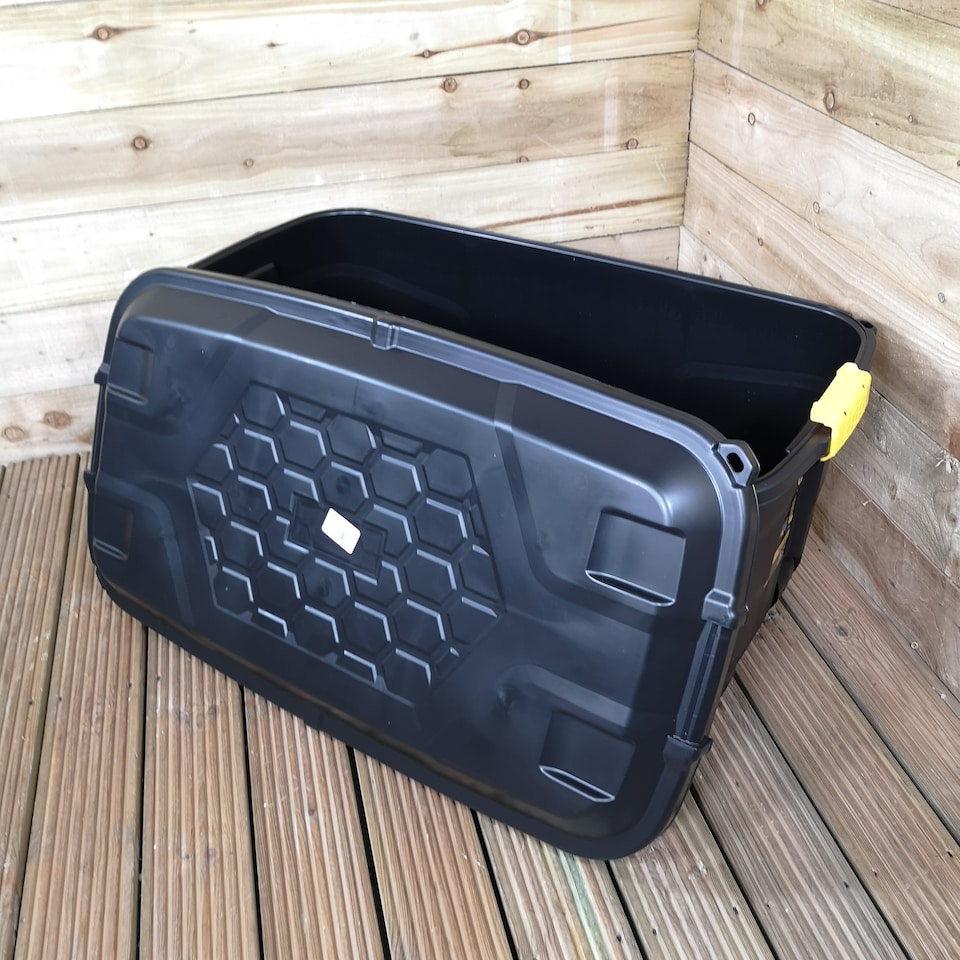 image 1 of 1 x 145L AND 1 x 75L Heavy Duty Trunks on Wheels Sturdy, Lockable, Stackable and Nestable Design Storage Chest with Clips in Black