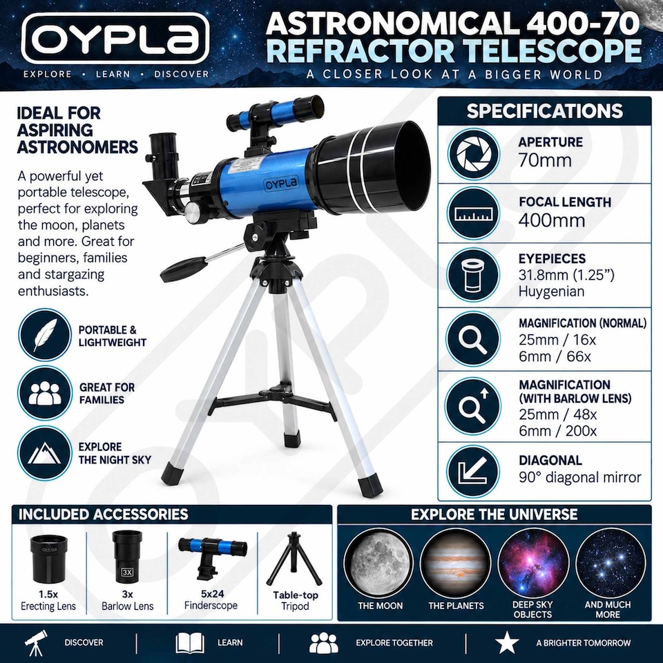 image 1 of Astronomical 400-70 Portable Refractor Telescope with Lightweight Tripod