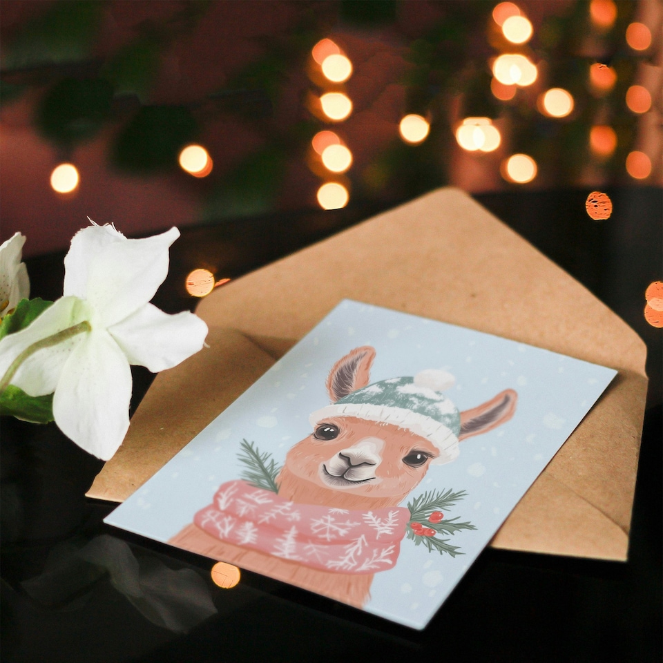 image 1 of Greeting Card Cute Llama Snow Ball Hat Winter Scarf Fun Modern For Her Woman Xmas Christmas Card