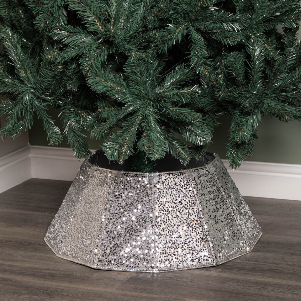 image 1 of 40cm/68cm Silver Fabric Folding Christmas Tree Skirt Decoration with Sequins