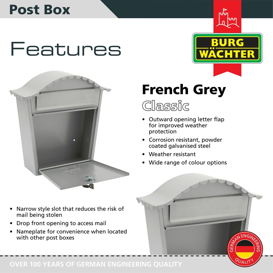 image 1 of Burg-Wachter Classic Wall Mounted Galvanised Steel Lockable Weatherproof Post Box - 36x37x13cm Grey | French Grey