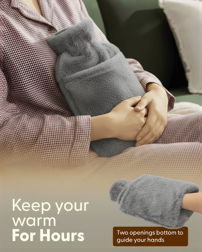 image 1 of Keplin Fluffy Faux Fur Hot Water Bottle 2 Litre with Hand Warming Cover