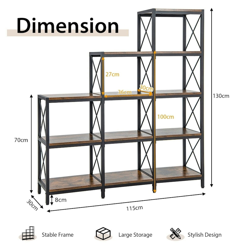 image 1 of COSTWAY Wooden 9 Cube Bookcase 5 Tier Bookshelf Anti-toppling Brown