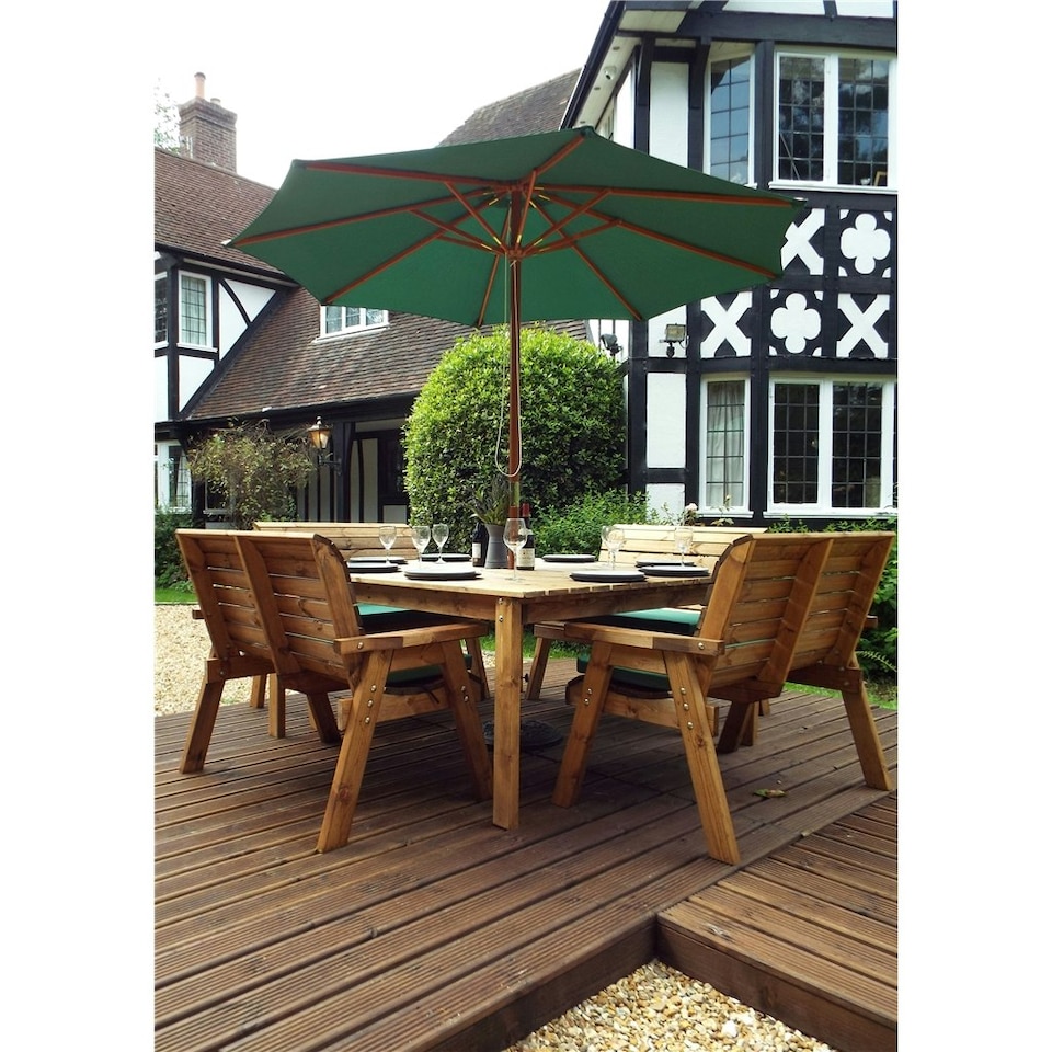 image 1 of Traditional Eight Seater Table Set with 4 x Green Bench Cushion, 1 x Green Parasol & Base & 1 x Cushion Storage Bag
