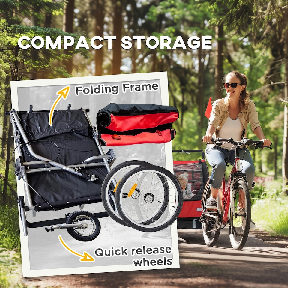 image 1 of HOMCOM 2 Seat Bike Trailer with 5 Point Harness, for 18+ Months, Red