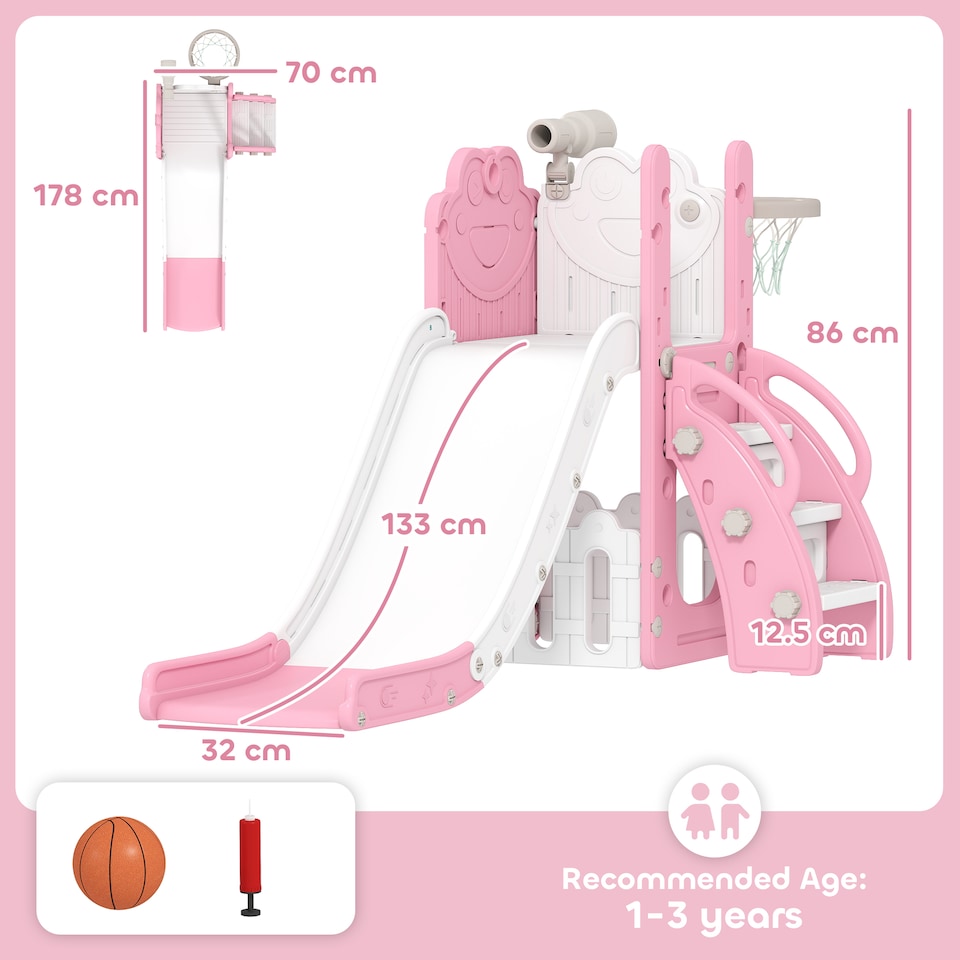 image 1 of AIYAPLAY 5 in 1 Toddler Slide Set with Basketball Hoop for Age 1-3, Pink
