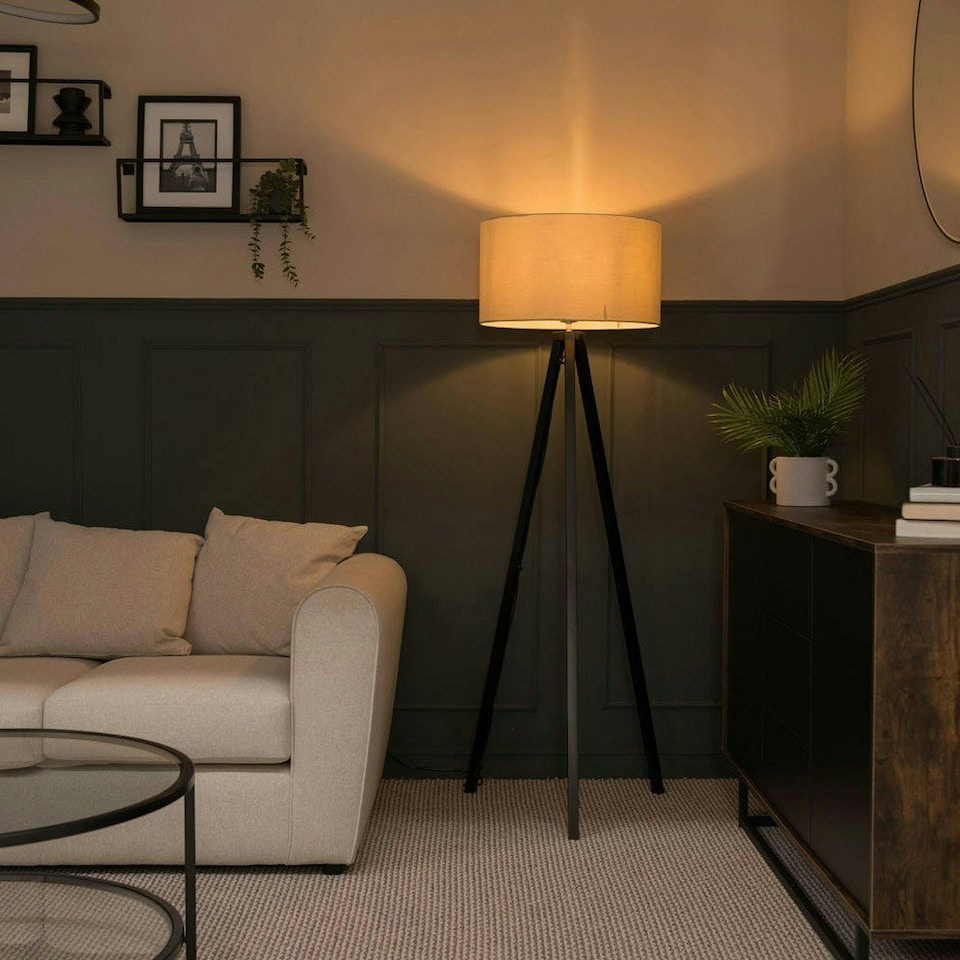 image 1 of ValueLights Barbro Black Tripod Floor Lamp Natural Shade Cream