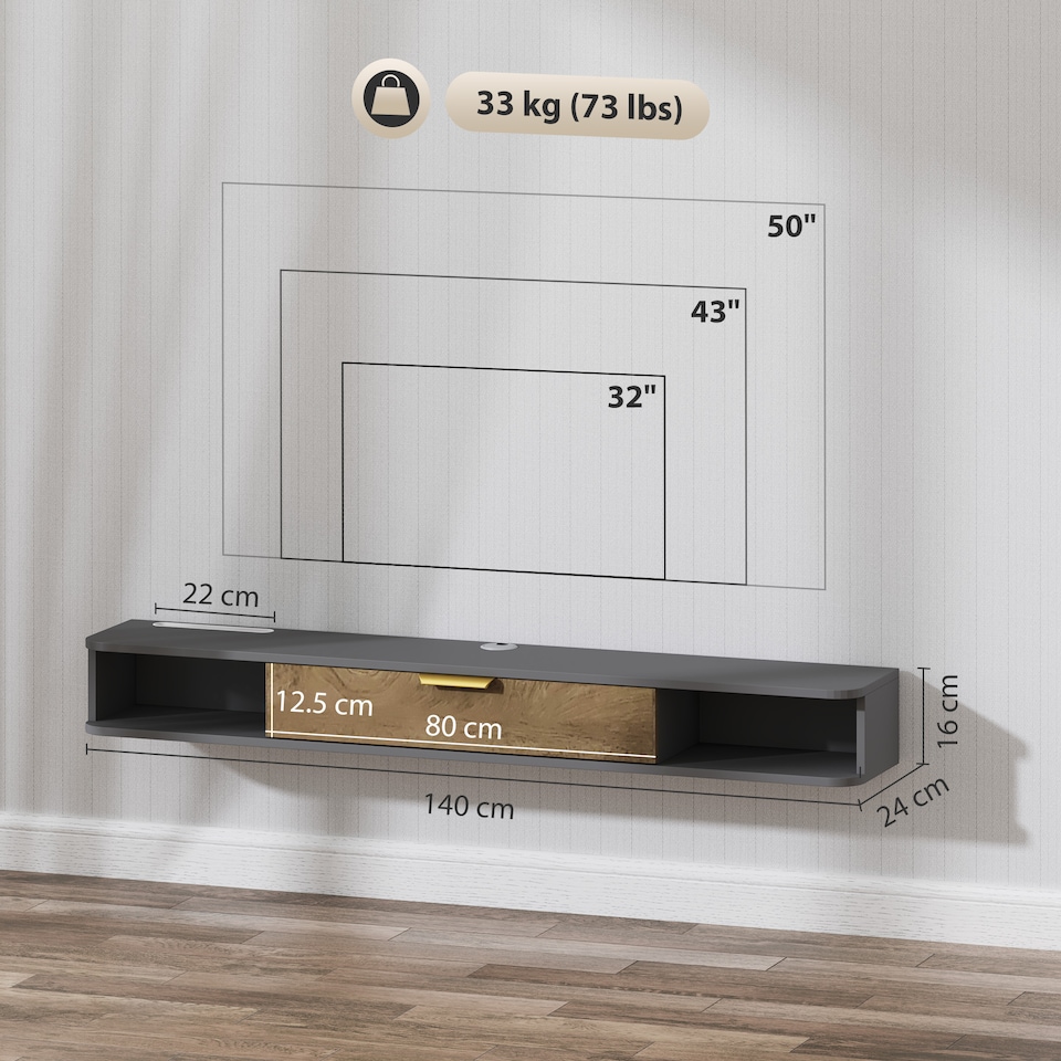 image 1 of HOMCOM 140 cm Floating TV Stand Cabinet, Wall Mounted TV Cabinet with Open Compartments and Flip Door, Modern Entertainment Media Console for Living Room, Charcoal Grey | Grey | 1