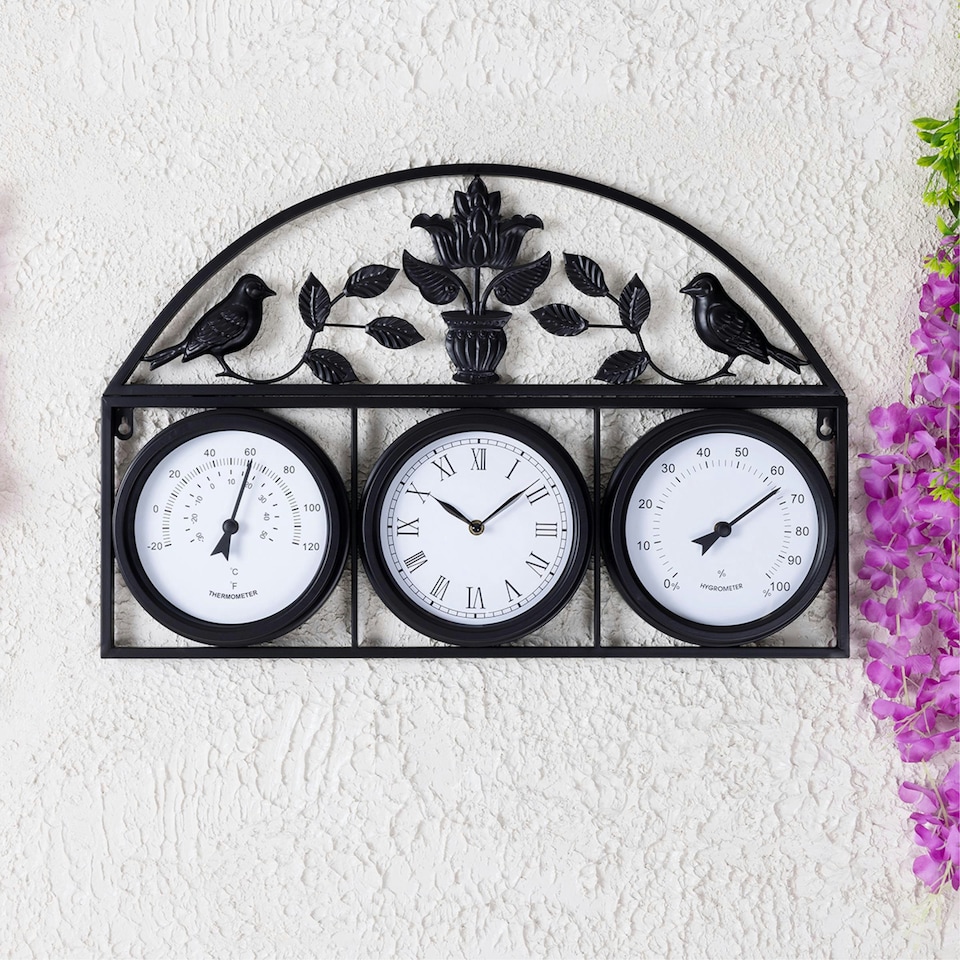 image 1 of Charles Bentley Shabby Chic Dark Grey Wall Clock With Thermometer & Hygrometer