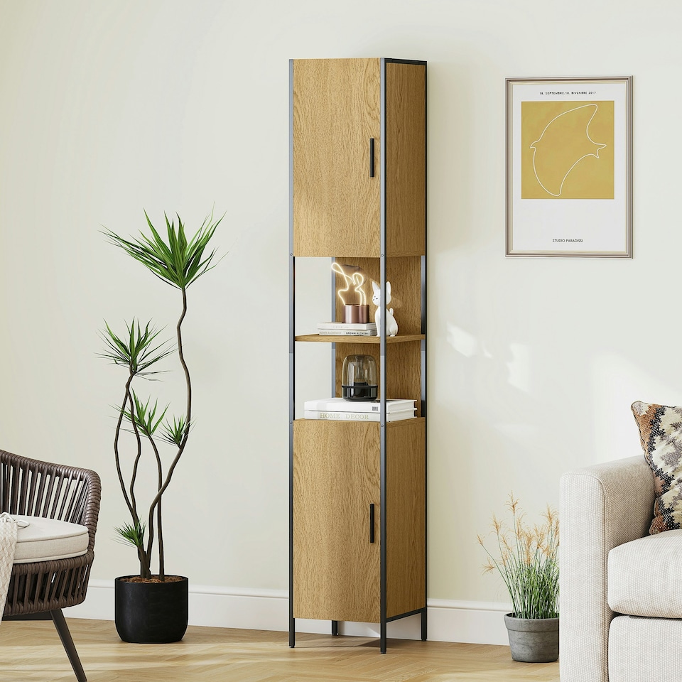 image 1 of HOMCOM Slim Bathroom Storage Cabinet with 2 Doors Open Compartments Natural Brown | Black