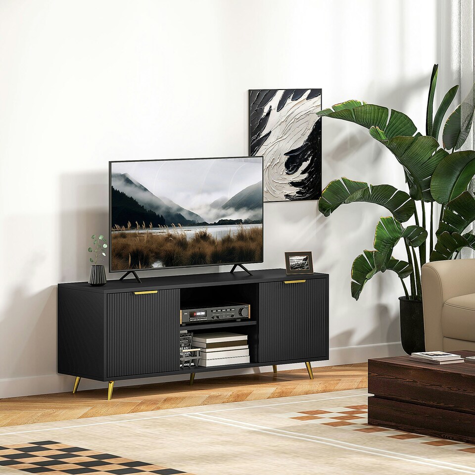 image 1 of HOMCOM Modern TV Stand Cabinet with Storage for Living Room, Black