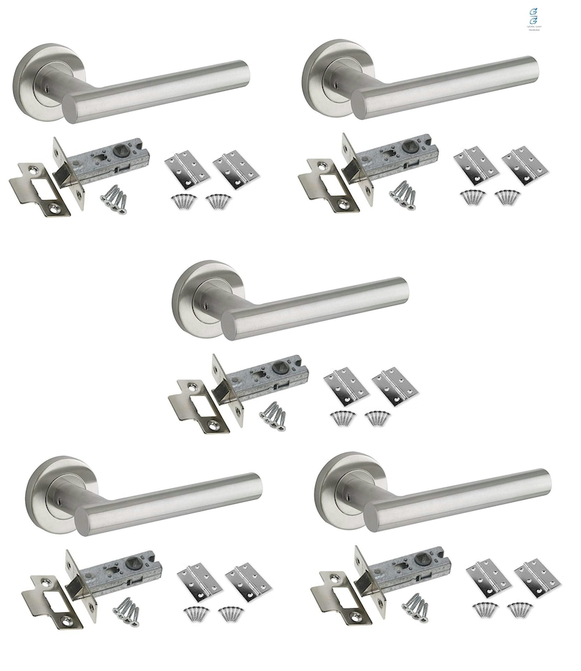 image 1 of Golden Grace 5 Pairs Straight T-Bar Door Handles on Round Rose in Satin Nickel Finish with Ball Bearing Hinges and 64mm Tubular Latch | Grey | 5 Set