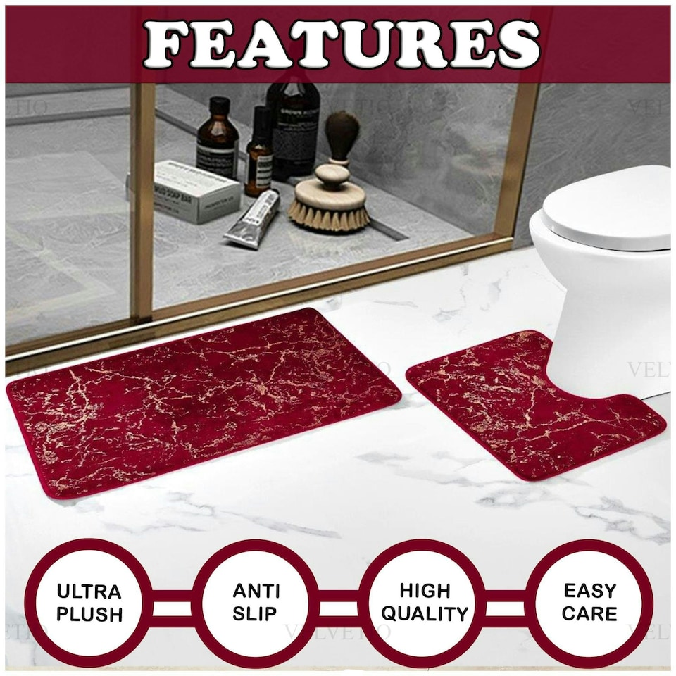image 1 of VELVETIO Glitter Bath Mat Set Non Slip Water Absorbent Toilet Rugs Red