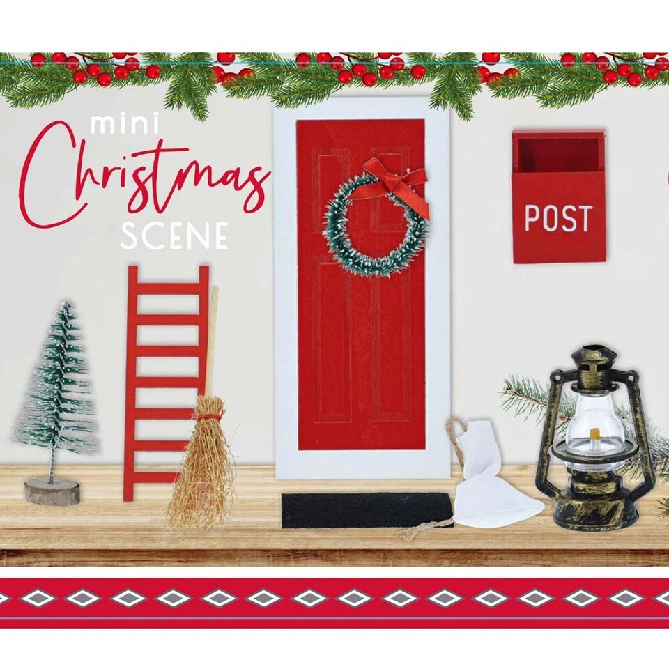 image 1 of 9Pcs Miniature Wooden Elf Christmas Village Scene Red & White Door Decoration | Multi | Multicoloured | Lamp Post