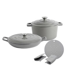 Argon Tableware 2.3L & 4.5L Shallow Cast Iron Casserole Dish Set with Self-Basting Lids - Dutch Oven Roasting Pot | Grey | Slate Grey