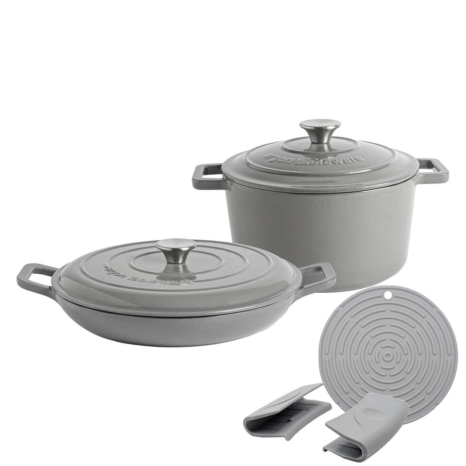 image 1 of Argon Tableware 2.3L & 4.5L Shallow Cast Iron Casserole Dish Set with Self-Basting Lids - Dutch Oven Roasting Pot | Grey | Slate Grey