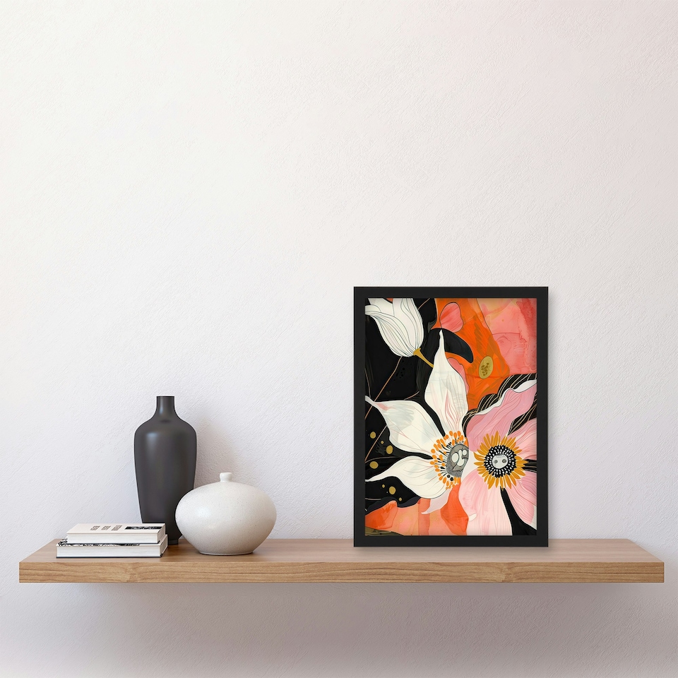 image 1 of Abstract Pink Orange Flowers Floral Boho Black Framed Wall Art Print A4