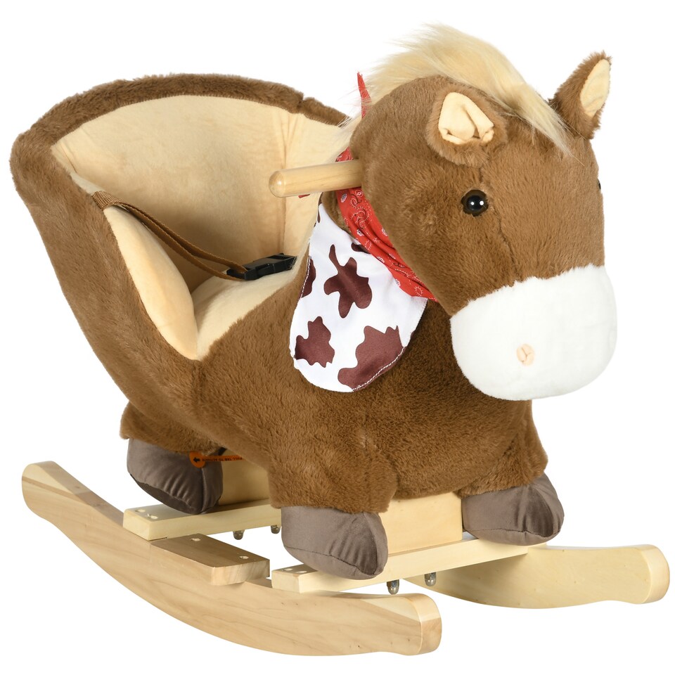 image 1 of HOMCOM Kids Rocking Horse Plush Ride On Horse with Safety Belt, Realistic Sounds, Foot Pedals for Toddlers Aged 18-36 Months - Brown