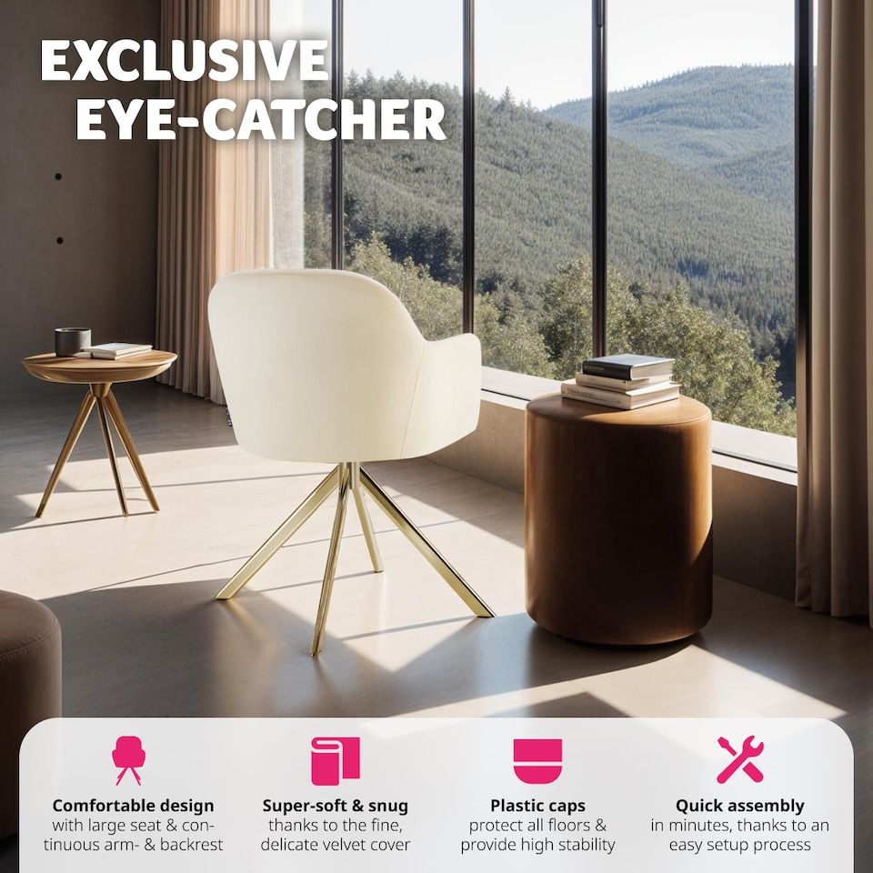 image 1 of Lounge Armchair Living Room Accent Chair 360 Swivel Slim Steel Legs Velvet Fabric | Cream | cream/gold | 4