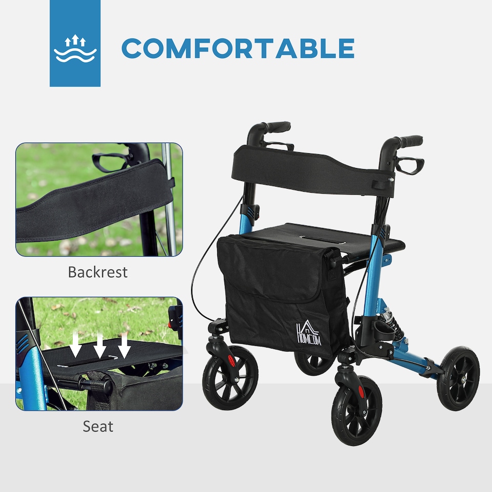image 1 of HOMCOM Folding Rollator Walker with Seat, Backrest, Lightweight Walking Frame with Storage Bag, Dual Brakes, Adjustable Handle Height, Suspension System, 4 Wheeled Walker for Seniors, Blue