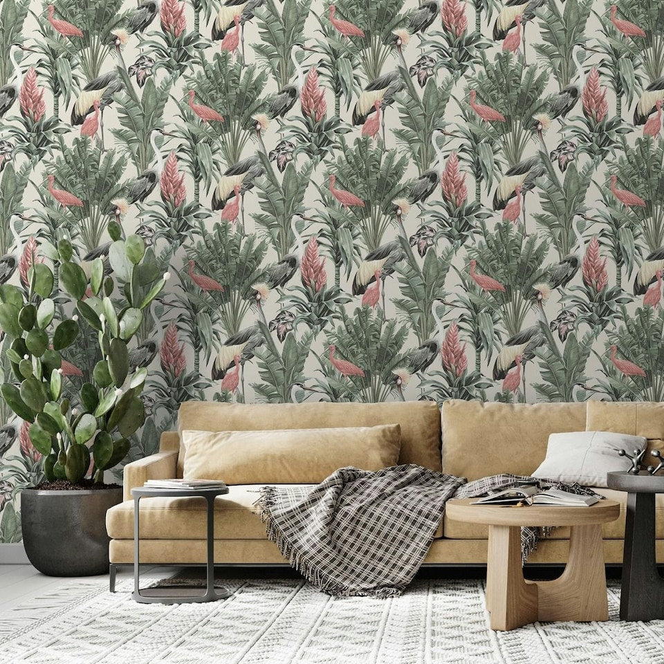 image 1 of World Of Wallpaper Manu Tropical Wallpaper - Cream/Green - 10m x 53cm Cream