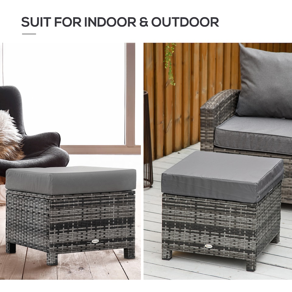 image 1 of Outsunny Rattan Footstool Wicker Ottoman with Padded Seat Cushion Outdoor Patio Furniture for Garden Poolside Living Room, 50 x 50 x 35 cm, Grey