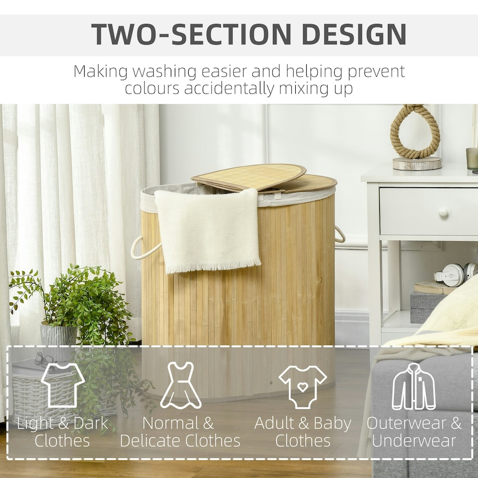 image 1 of HOMCOM 100L Bamboo Laundry Basket w/ 2 Compartments Washing Baskets Natural