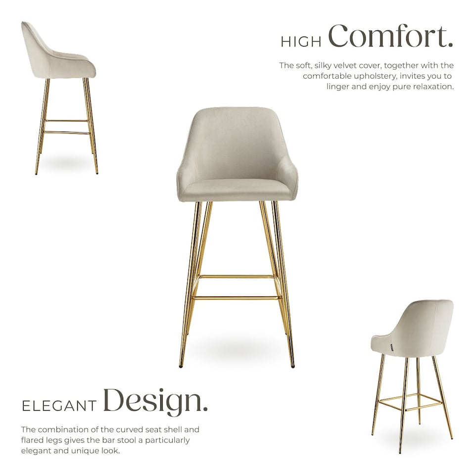 image 1 of Bar Stool Avane - with backrest, upholstered, velvet look | Cream | cream/gold | 57 x 48,50 x 108 cm | 4
