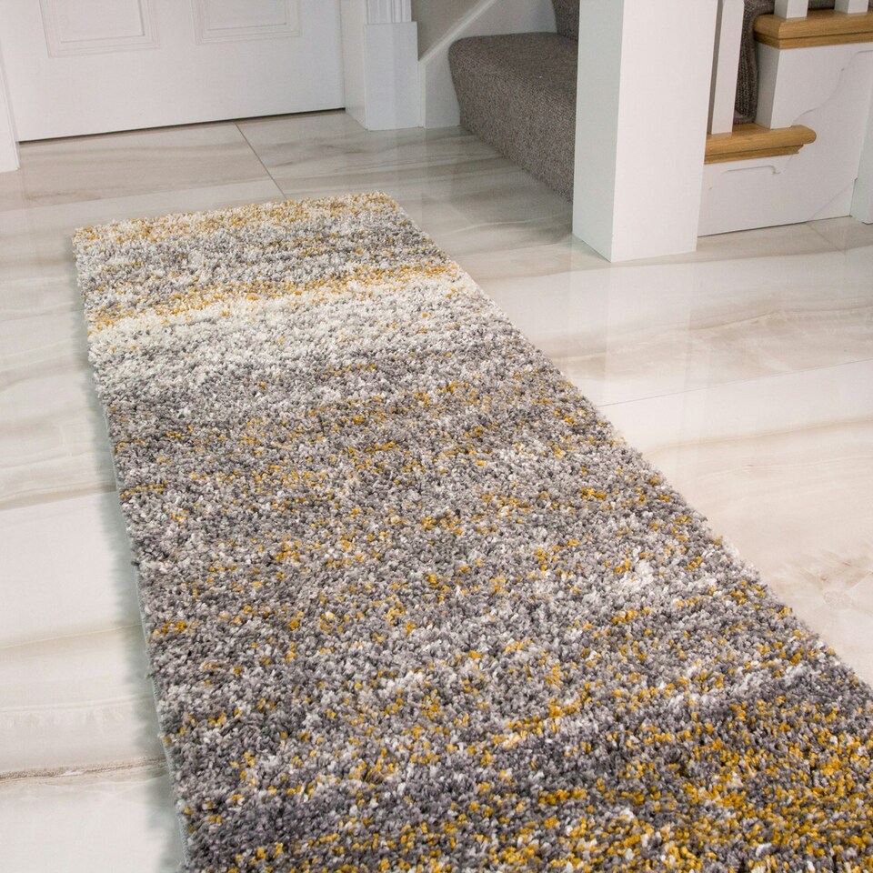 image 1 of KUKOON Yellow Ochre Grey Striped Mottled Long Runner Rug 60cm x 240cm | Yellow