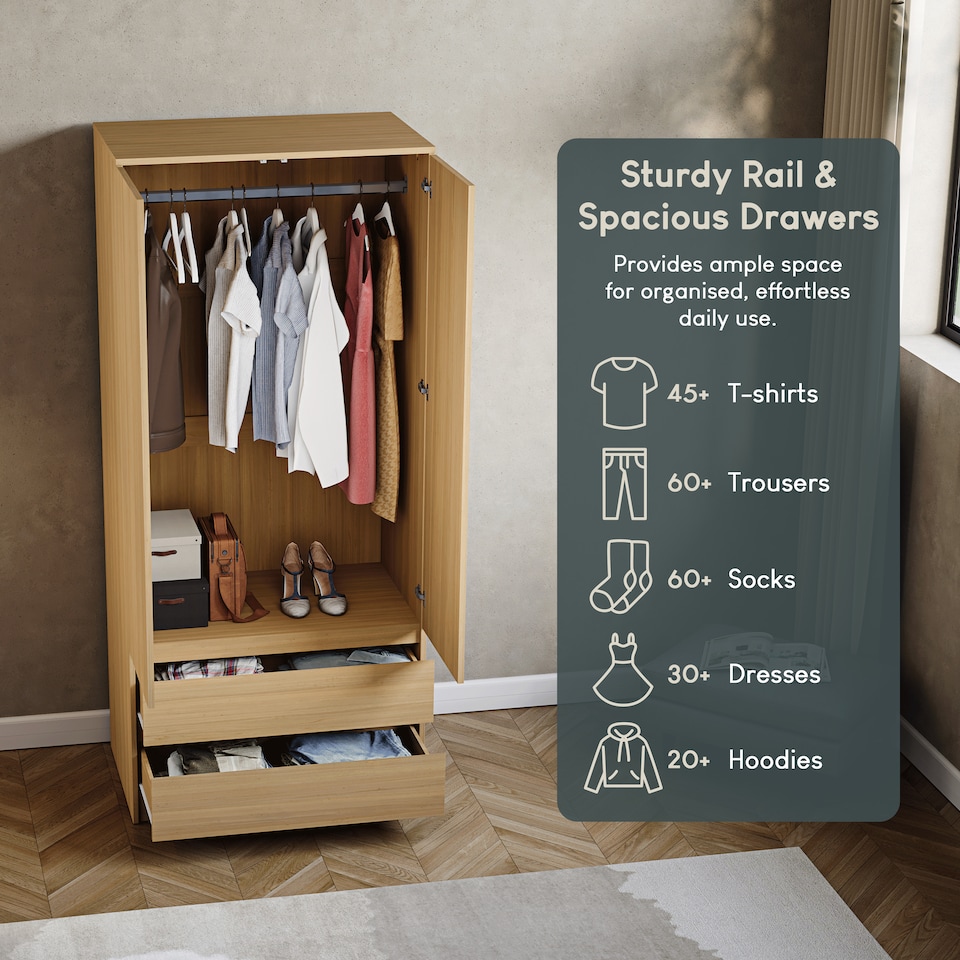 image 1 of Vida Designs Denver 2 Door 2 Drawer Wardrobe With Shelf & Clothes Rail, Pine