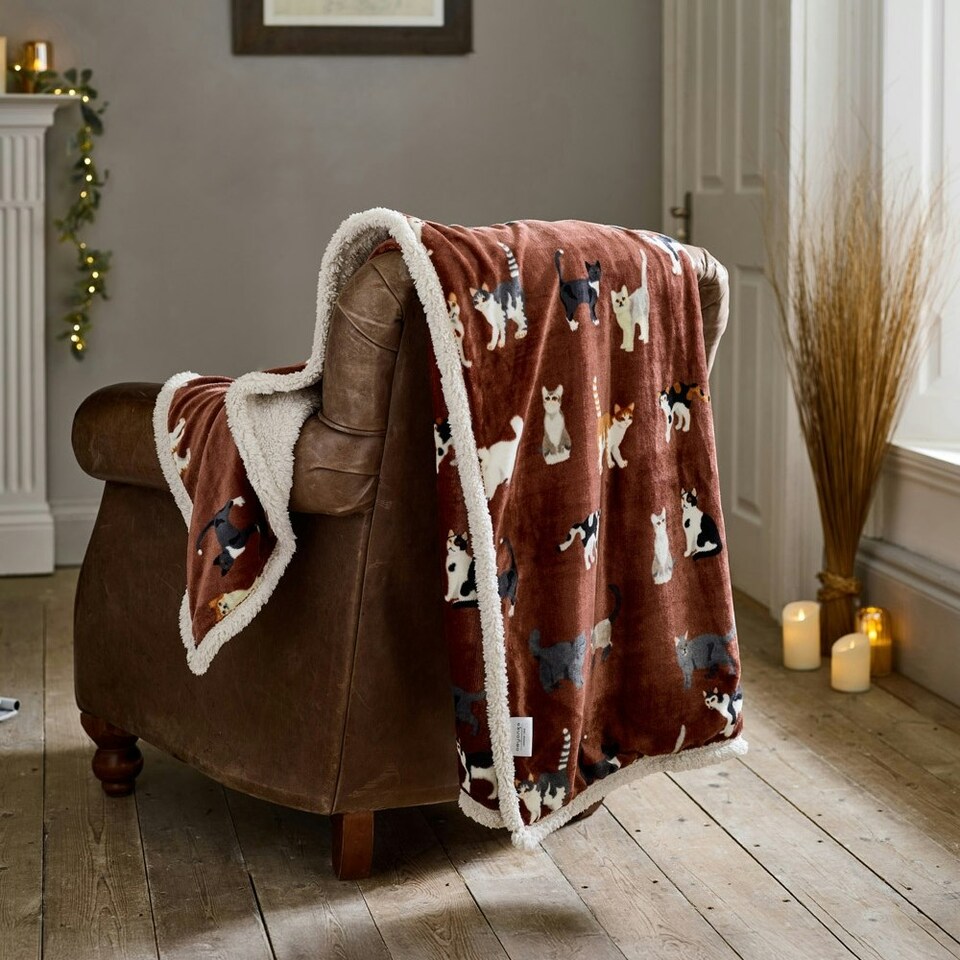 image 1 of Mixed Kitty Brick Cat Print Flannel Throw with Cosy Sherpa Back – 140x180cm Red | Brick