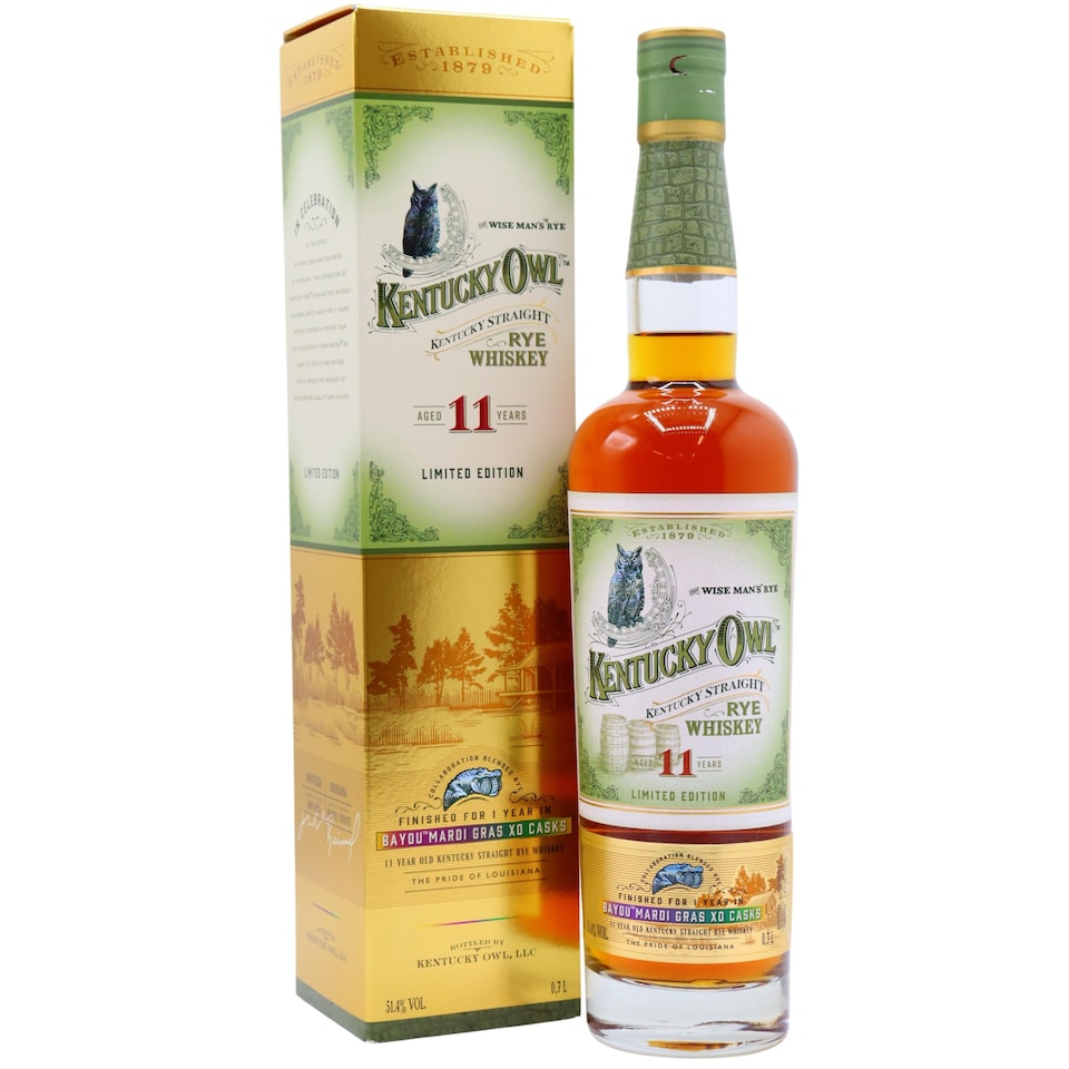 image 1 of Kentucky Owl - Mardi Gras XO Cask Limited Edition Kentucky Straight Rye 11 year old Whiskey | Multi | Robust, flavorful straight rye whiskey with sweet butter, allspice, and Bayou Rum XO finish | 1