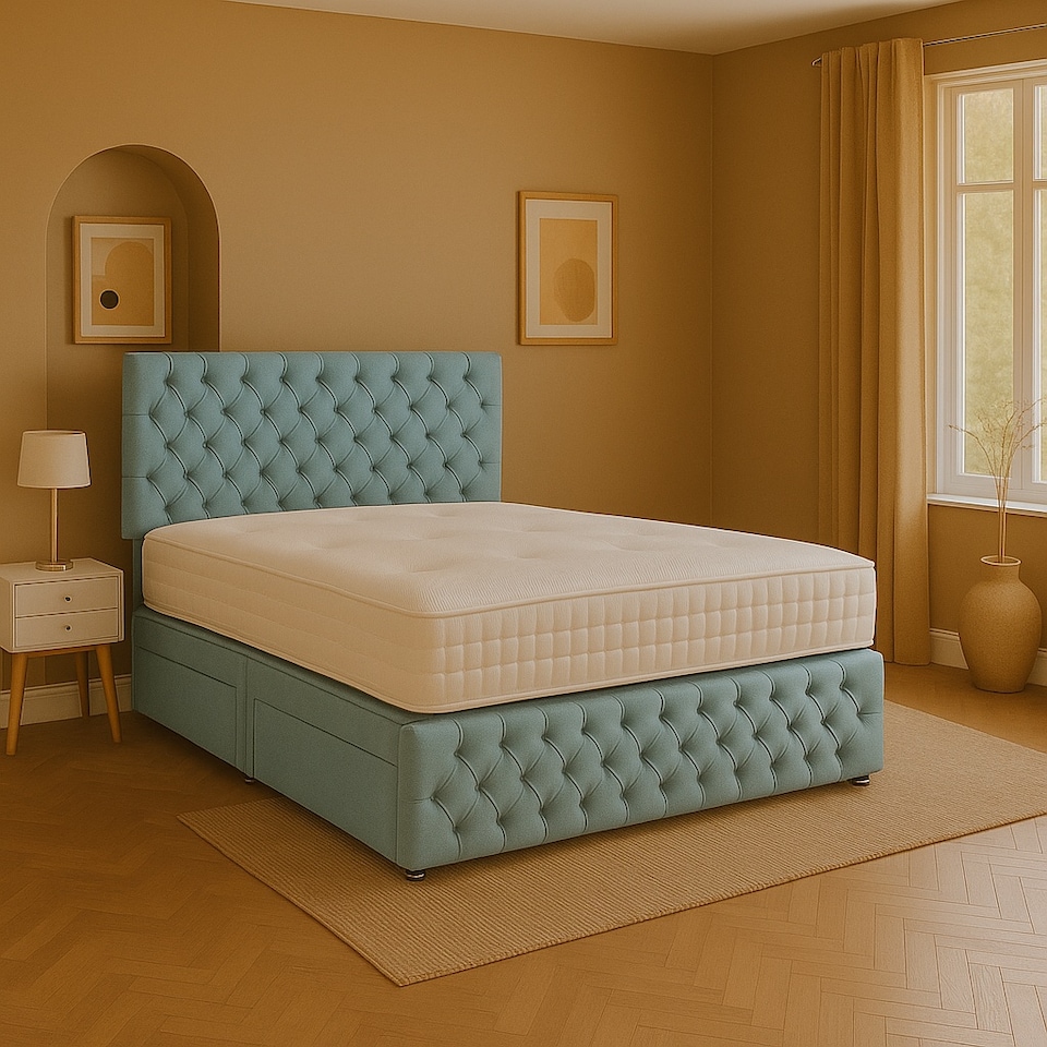 Sky Blue Chestefield Crystal Plush 5ft Kingsize Divan Bed Set Headboard & Footboard - 2 Drawers Left Side Laying in Bed