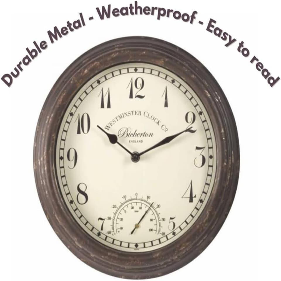 image 1 of Marco Paul 30cm Distressed Wall Clock and Thermometer Brown