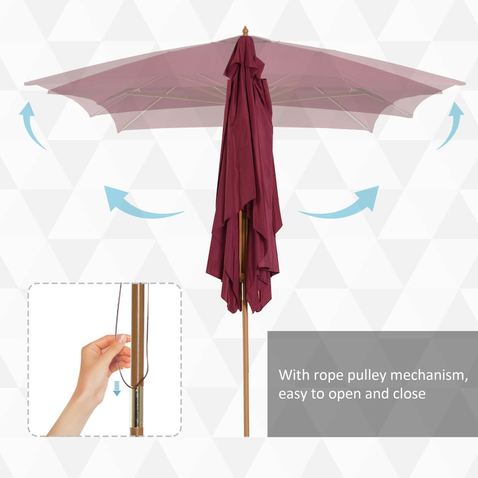 image 1 of Outsunny Wooden Garden Parasol Sun Shade Patio Umbrella Canopy Wine Red
