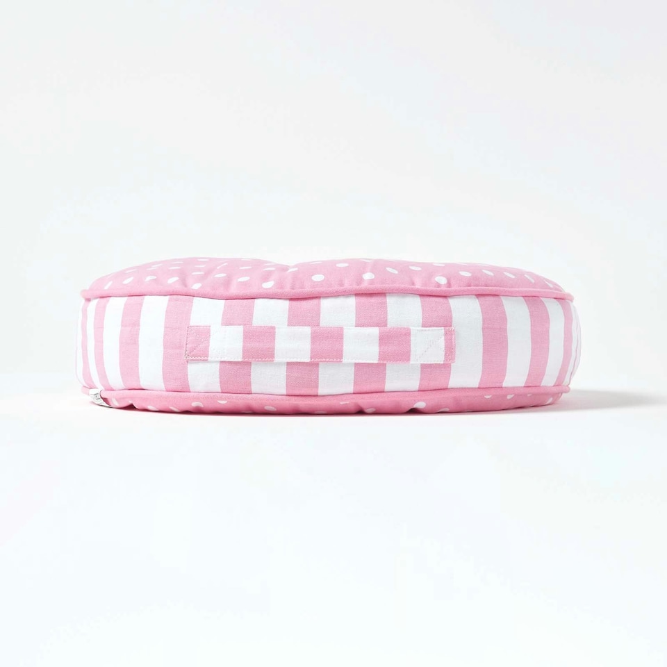 image 1 of Homescapes Pink Polka Dots & Stripes Round Floor Cushion