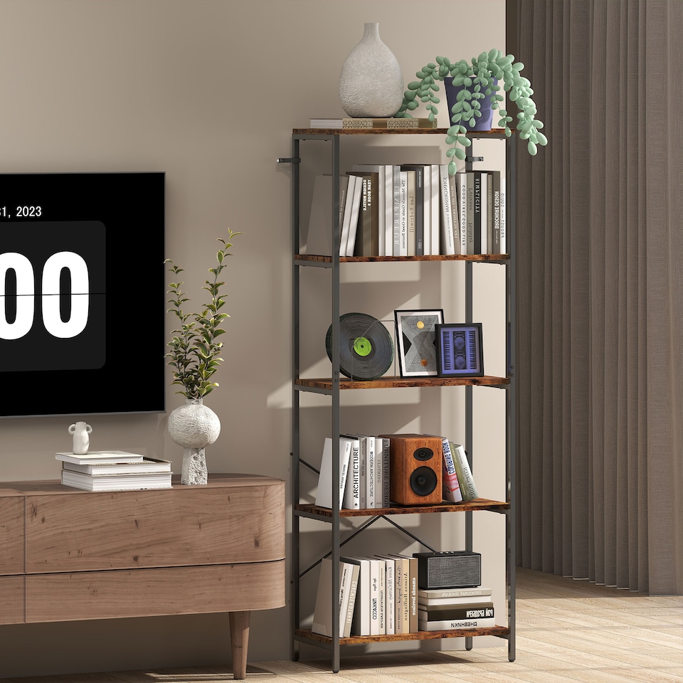 image 1 of HOMCOM 5-Tier Bookshelf, Industrial Bookcase, Floor Standing Book Shelf with Metal Frame, Open Display Shelving Unit for Living Room, Home Office and Bedroom, Rustic Brown and Black